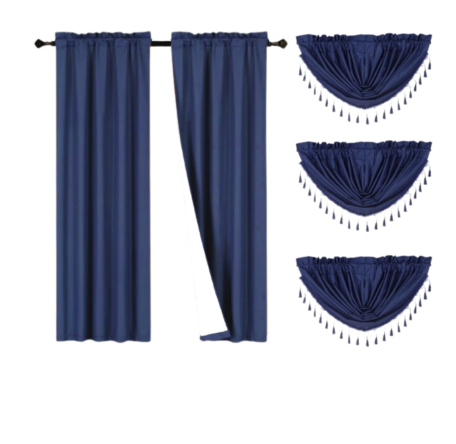 Gorgeous Home Linen 5-Piece Navy Blue Blackout Microfiber Curtain Set with 2 Panels and 3 Waterfall Valances R64 84"