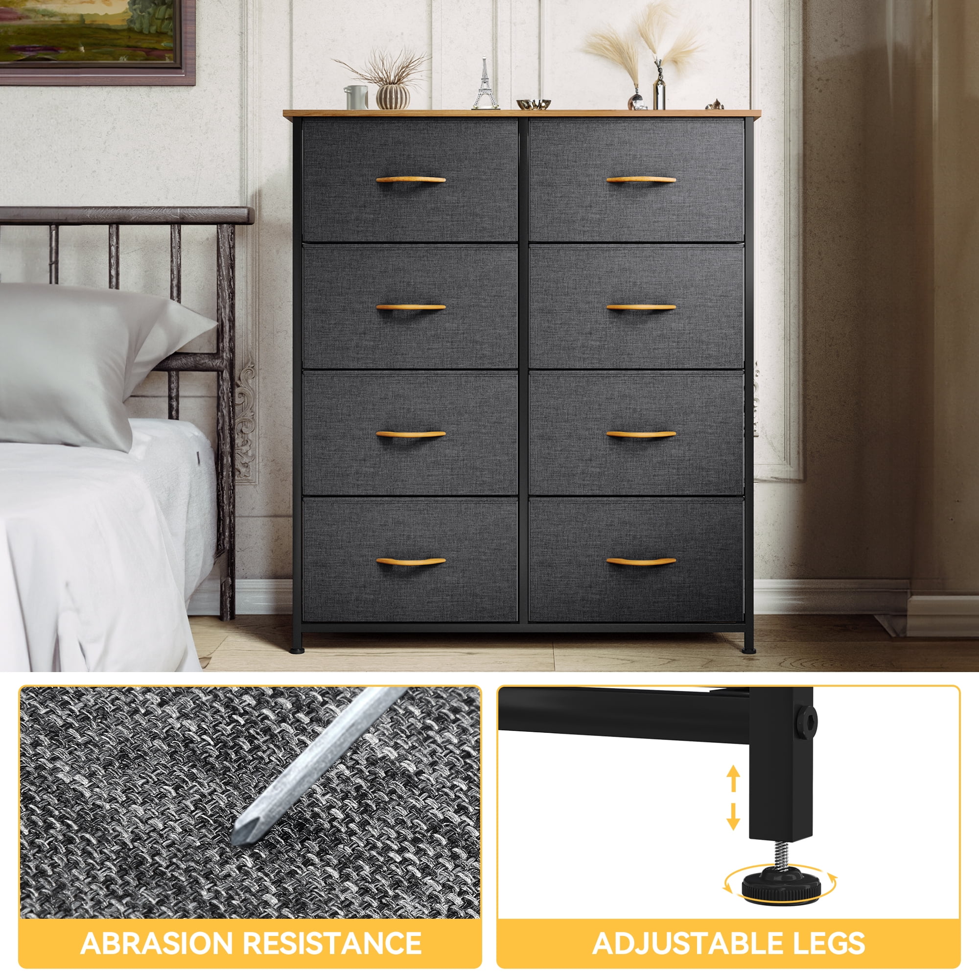 Dextrus 8-Drawer Dresser Chest with Storage Shelf Organizer, Gray