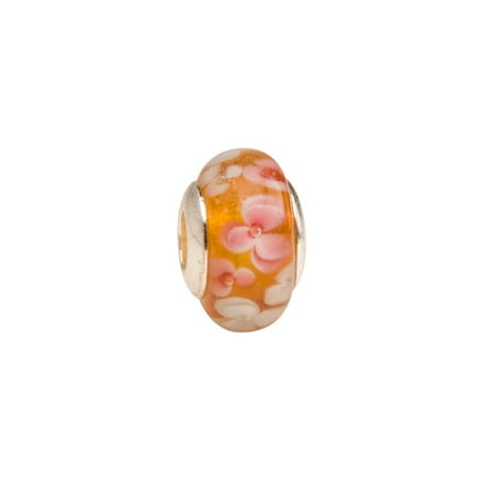 Amber Murano Glass Crystal - Pink Flowers In Amber Large Hole Beads Murano Lampwork European Glass Crystal Charms Beads Spacers Fit Pandora Troll Chamilia Carlo Biagi Zable Snake Chain Charm Bracelets 9.5x14mm 4pcs