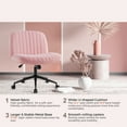 thumbnail image 3 of IWMH Ergonomic Armless Task Office Chair with Wheels, Cross Legged Wide Seat Desk Chair, Pink Velvet Upholstered Swivel Vanity Chair, for All Ages, 3 of 10