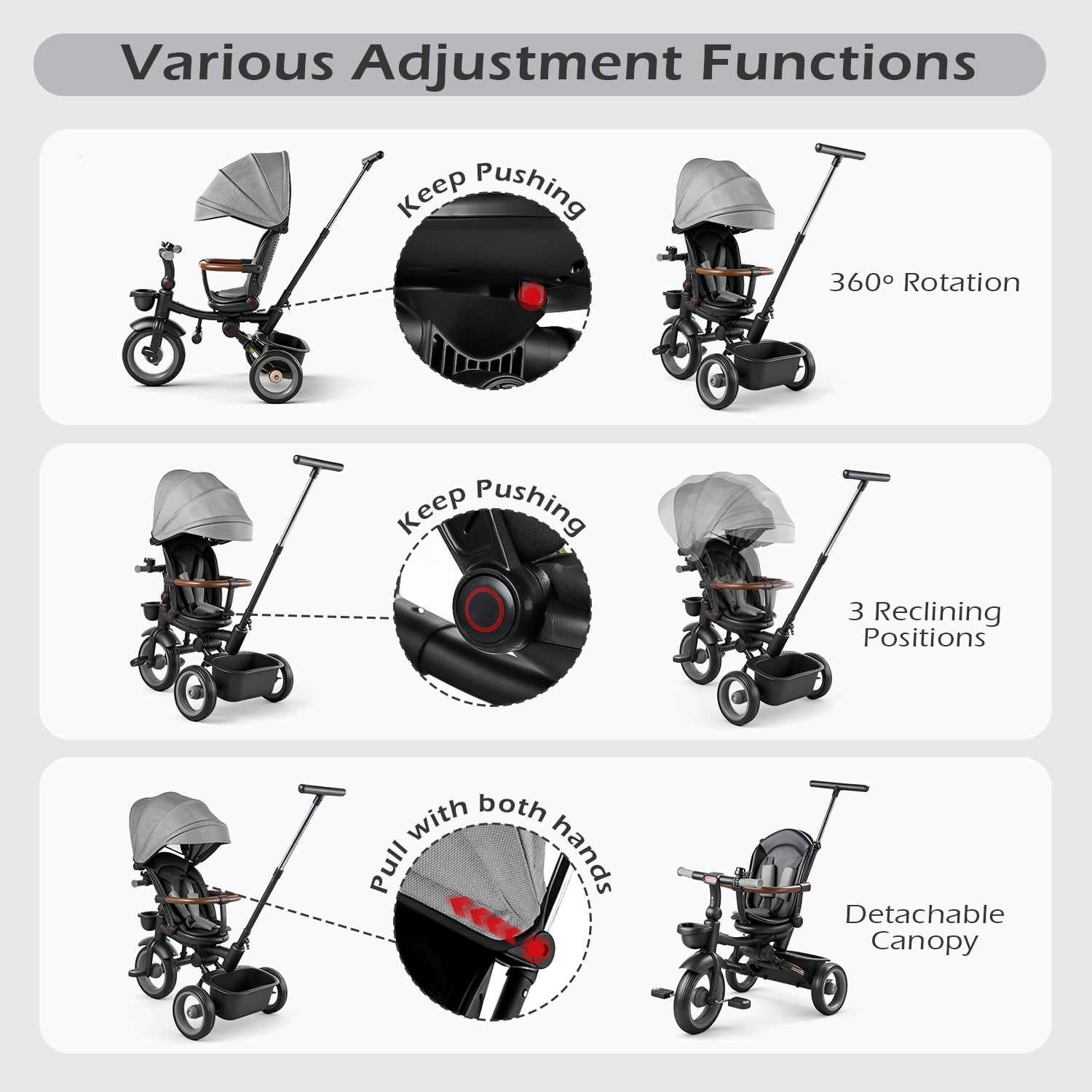 JoyStone 7 in 1 Foldable Tricycle Stroller for Toddler, Baby Tricycle with Adjustable Canopy, Parent Handle, Removable Pedals, Seat Belt and Storage Basket, Kids Bike for Ages 1-6 Boys & Girls, Grey