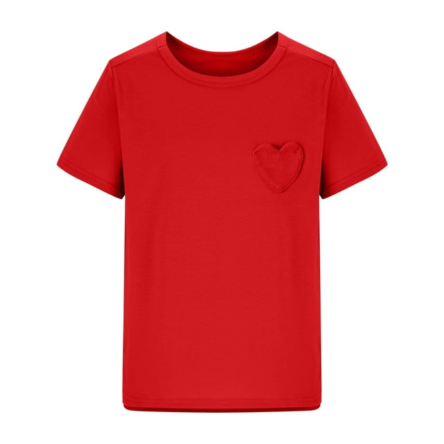 T-Shirt d'Été à Manches Courtes pour Filles, Col Rond, Ourlet, Tunique Douce, Hauts, T-Shirts, Rouge, 5-6 Ans