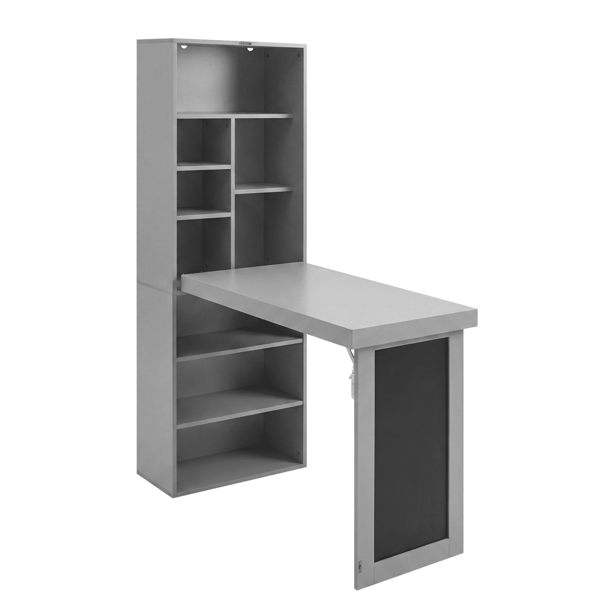 Leumius Folding Desk with Storage,Fold-Out Wall Mounted Computer Desk with Storage Shelves, Convertible Folding Writing Desk Cabinet with Chalkboard, Space-Saving Home Office Desk,Gray