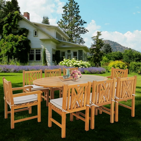 9 Piece Teak Wood Chippendale Outdoor Patio Dining Set including Round to Oval Extension Table, 2 Arm Chairs & 6 Side Chairs