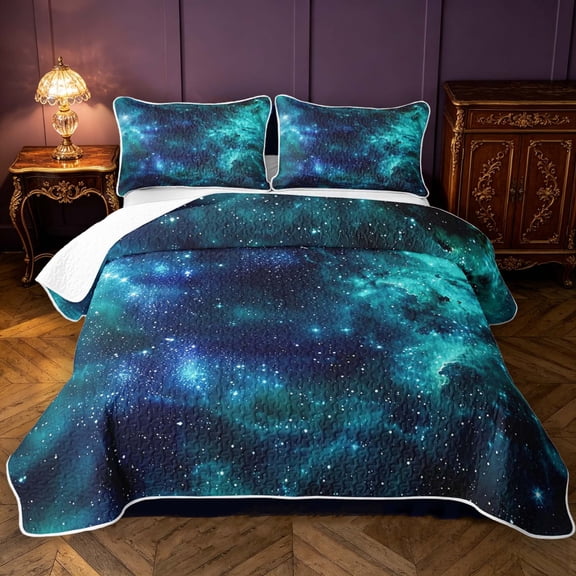 Manfei Dreamy Teal Galaxy Twin Quilt Set,Sparkling Stars Print Twin Coverlet Set,Black Reversible,2-Piece,1 Bedspread and 1 Pillowcase