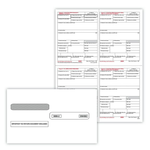 ComplyRight 2025 W-2 Tax Form Envelopes/Recipient Copy Only 1-Part 4-Up Copy B C 2 and 2 combined