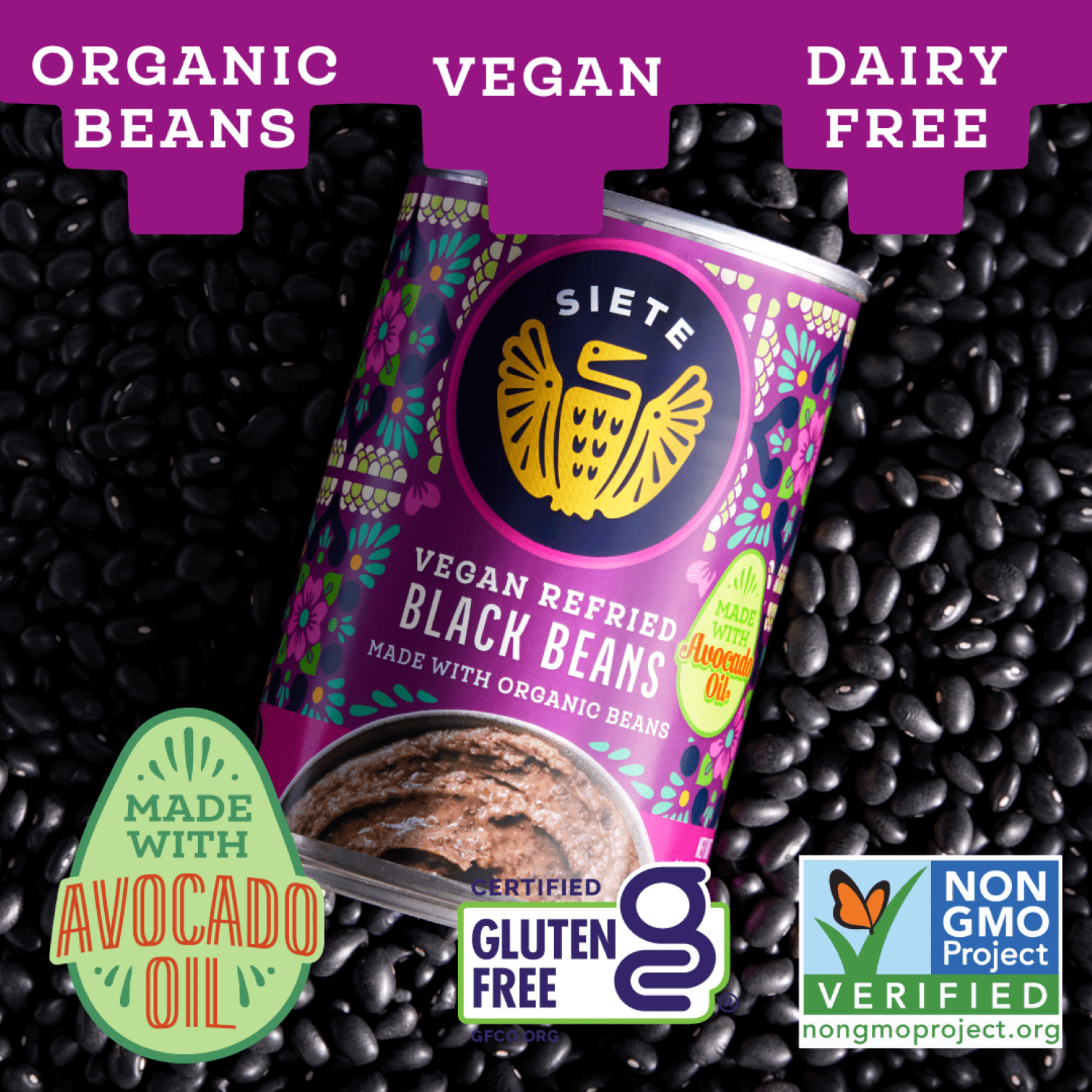 (2 pack) Siete Family Foods, Canned Refried Black Beans, 16 oz.