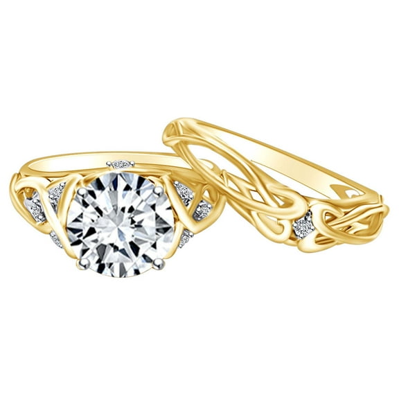AFFY 2.09 Carat Round Shape Moissanite & Natural Diamond Unique Engagement Ring Set 14K Solid Yellow Gold Ring Size-5