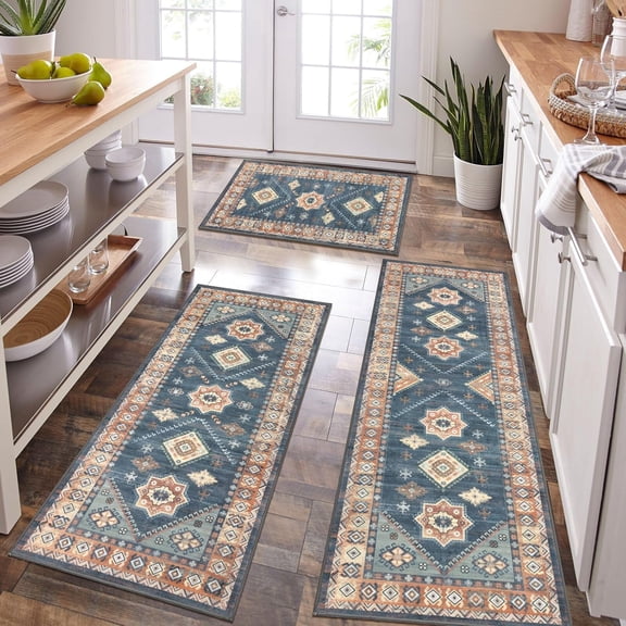 Boho Kitchen Rug Sets 3 Piece with Runner Non Slip Kitchen Rugs and Mats Washable Kitchen Mats for Floor Thick Kitchen Floor Mat Carpet Runner Rugs for Hallway Laundry Holiday Decor