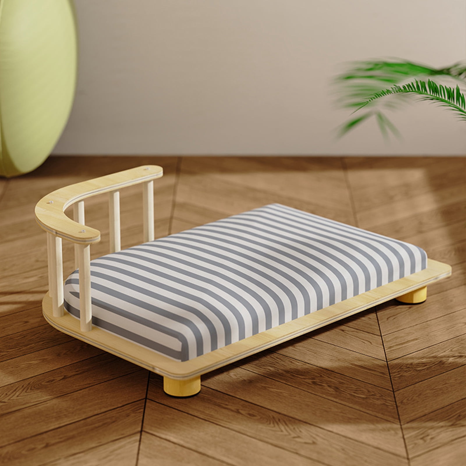 YAHHU Wooden Elevated Cat Bed Cot Frame Soft Cushion 15.7 inches / 40 cm Small Dogs Furniture Striped Style