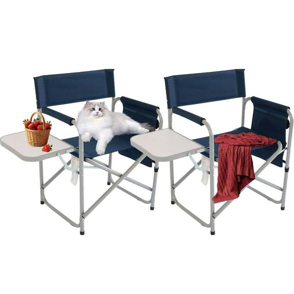 HISUKOY 2 Piece Directors Chair with Side Table, Outdoor Sports Beach Chair with Pockets, Camping Chair (Blue)