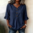 thumbnail image 6 of Hfnxid 3/4 Sleeve T Shirts for Women Loose Fit Striped Ruffle Shirt Button Up V Neck Blouses Dressy Casual Fall Clothes Blue M, 6 of 6