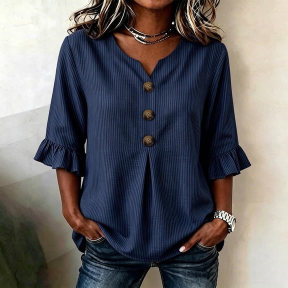 Elwylmiz 3/4 Sleeve Tops for Women Striped V Neck Ruffled Blouse Henley Loose Fit Flowy Casual Work Shirts