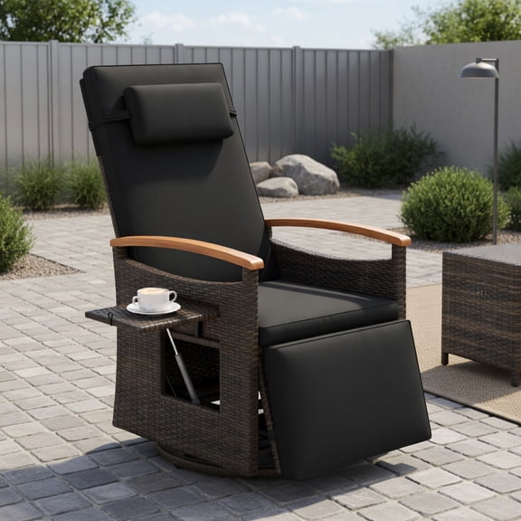 GVN Patio Lounge Chair,Outdoor Chaise Lounge Chair,Patio Rattan 360° Swivel Recliner Chair with Adjustable Backrest and Footrest-Black