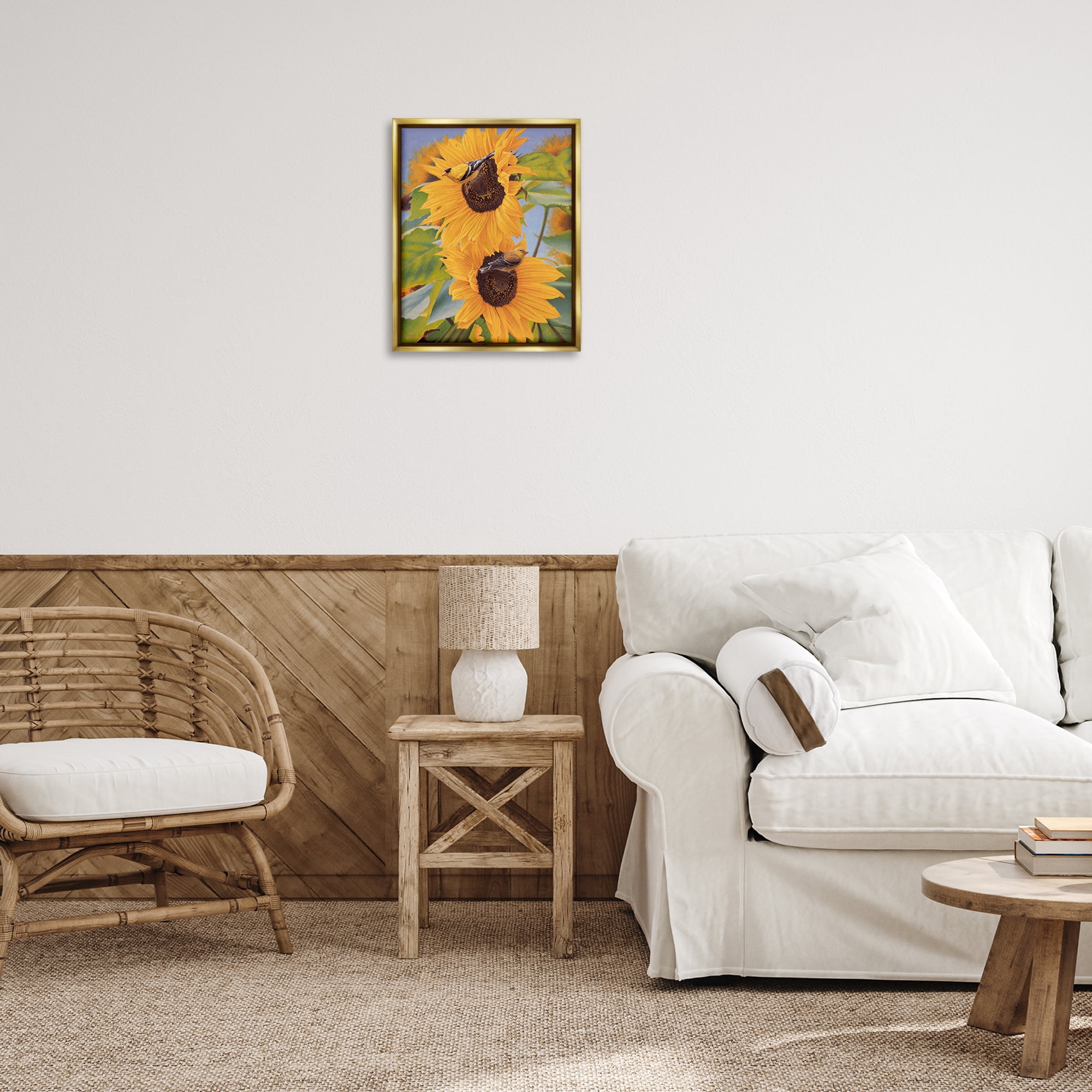 Stupell Industries Yellow Bird & Sunflowers Plants & Flowers Photography Gold Floater Framed Canvas Art Print Wall Art, 17 x 21
