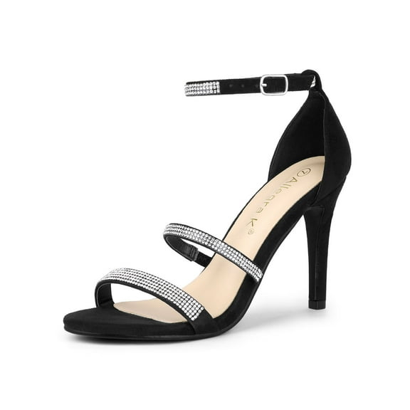 BLISSFUL STEP Women's Rhinestone Ankle Strap Stiletto High Heels Sandals Black (Size 5)