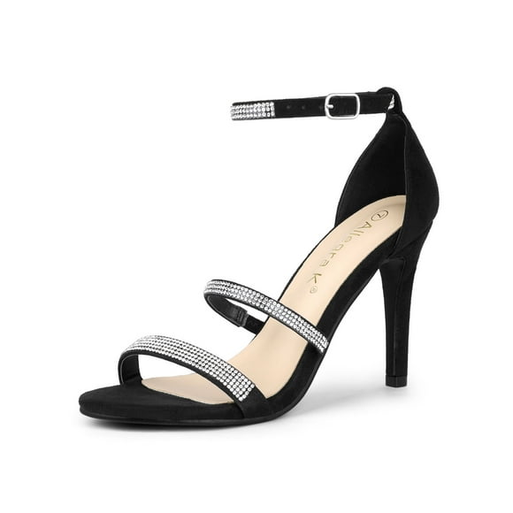 BLISSFUL STEP Women's Rhinestone Ankle Strap Stiletto High Heels Sandals Black (Size 10)