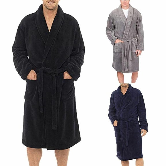 New Men's Long Sleepwear Robes Shawl Collar Coral Fleece Bathrobe Spa Pajamas