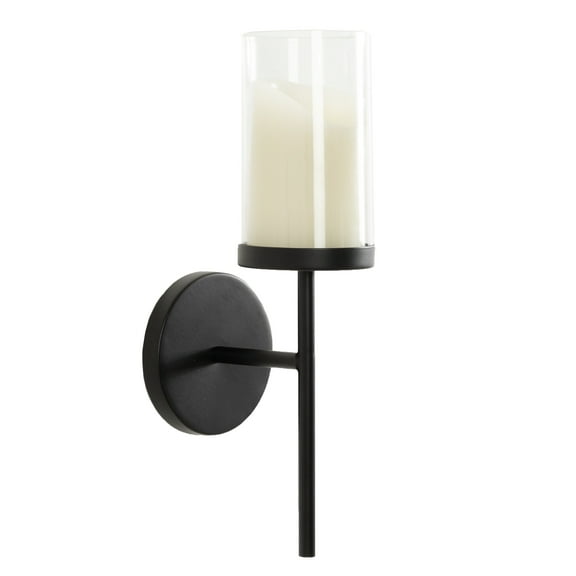 Kate and Laurel Blaise Transitional Metal Wall Sconce, 5 x 6 x 14, Black, Modern Round Candle Holder with Removable Glass Cylinder for Flameless Candles
