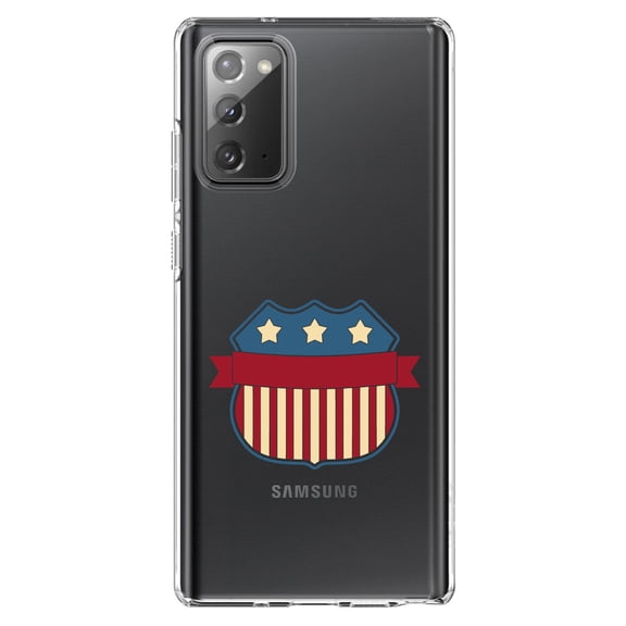 DistinctInk Clear Shockproof Hybrid Case for Samsung Galaxy Note 20 (6.7" Screen) - TPU Bumper Acrylic Back Tempered Glass Screen Protector - USA Badge Flag Red White & Blue