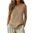 thumbnail image 3 of Womens Cotton Linen Button down Shirts Slim Fit Casual Summer Sleeveless Blouses Business Casual V Neck Plain Tank Tops by Awwp Khaki S, 3 of 6
