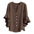 thumbnail image 3 of Only Moment Womens Tops Long Sleeve V Neck Ruffle Sleeves Cotton and Linen/Wash Water Wrinkled Cloth with Oversized Collar Slim Fit Blouse Elegant Stand Out Lapel Top Brown,XL, 3 of 9