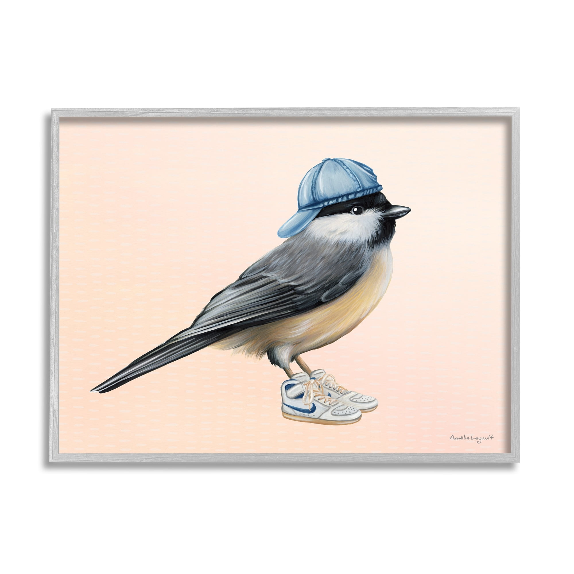 Stupell Industries Hip Chickadee Bird Backwards Hat Trendy Sneakers Graphic Art Gray Framed Art Print Wall Art, Design by Amelie Legault