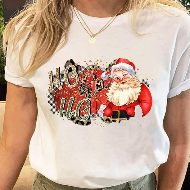 Camisetas estampadas de Papá Noel para mujer, camiseta de Navidad y Año Nuevo de los años 90, ropa femenina, Tops estampados, camiseta gráfica de dibujos animados a la moda para mujer