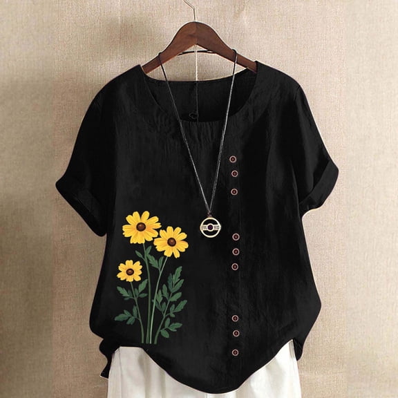 Gamivast Women's Blouses Short Sleeve Crewneck Sunflower Print Beach Shirts Casual Loose fittedted Button Side Tops Summer Outdoor Outfits