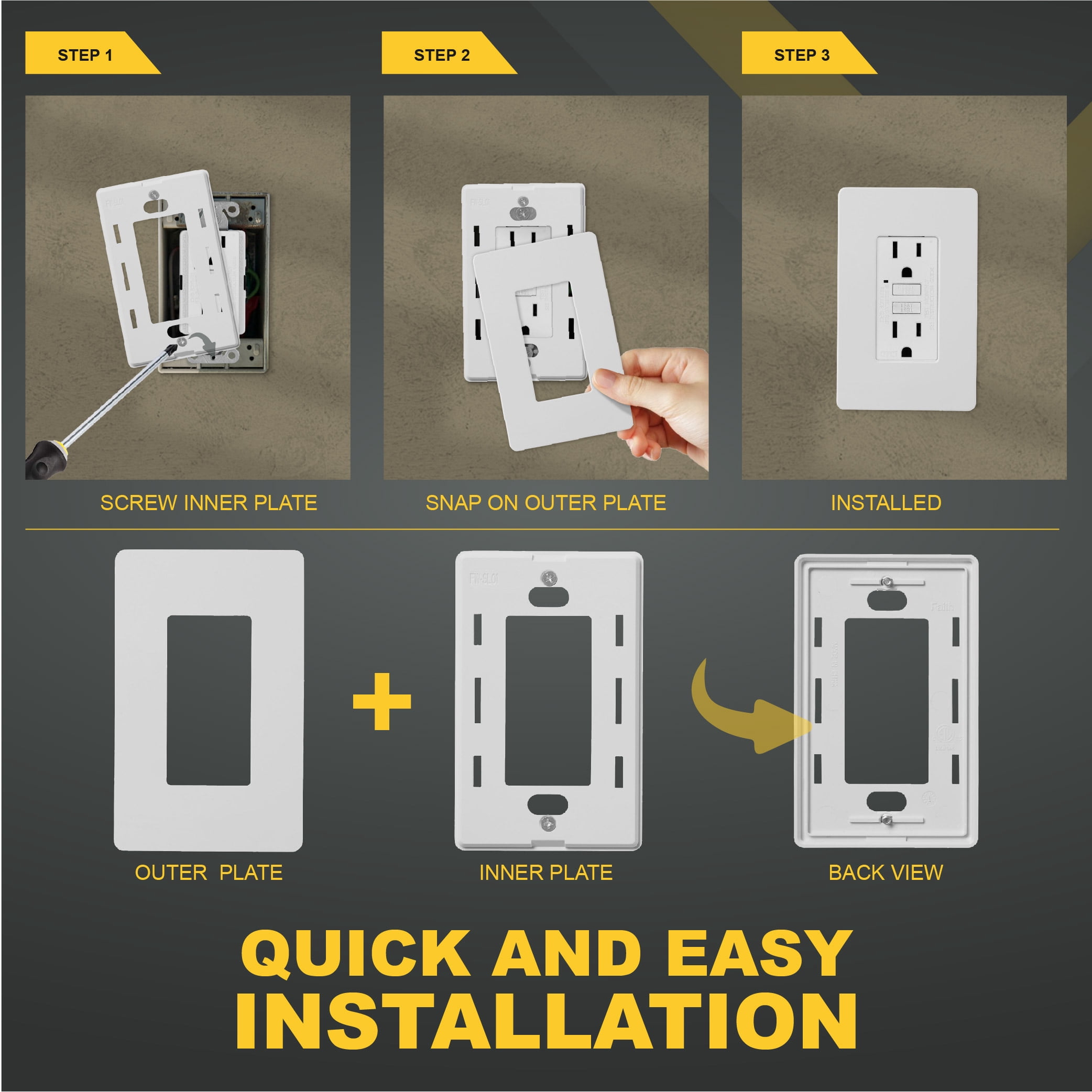Faith 1-Gang Decorator Screwless Wall Plates Child Safe Outlet Covers, 4.68"H x 2.93" L, Fits GFCI, USB Receptacle, Dimmers, and Lighting Controls, ETL Listed, White, 120-Pack
