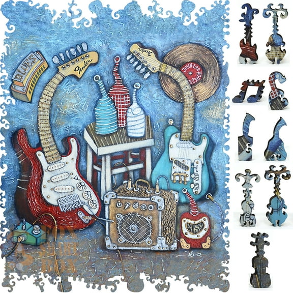 Wooden Jigsaw Puzzles for Adults - Uniquely Shaped Pieces - made in USA by FoxSmartBox - 212 Pieces - Blue Bottle Blues