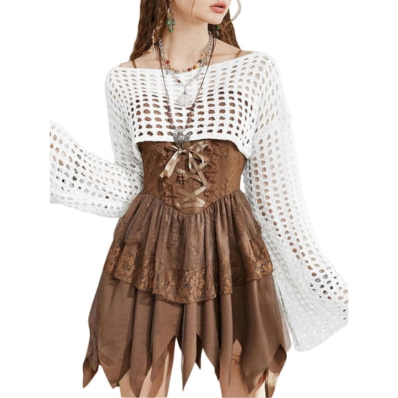 Women’s Cropped Knit Shrug Top Lightweight Bell Sleeve Summer Cover-Up, Soft Breathable Cropped Cardigan Shrug for Casual & Beach, Cropped Shrug Women