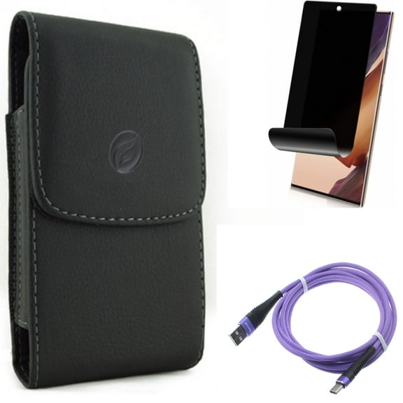 Privacy Screen Protector & 10ft USB Cable & Case Belt Clip for Samsung Galaxy Note 20 Ultra (6.9") - Combo with TPU Film Anti-Peep & Purple Type-C & Leather Holster