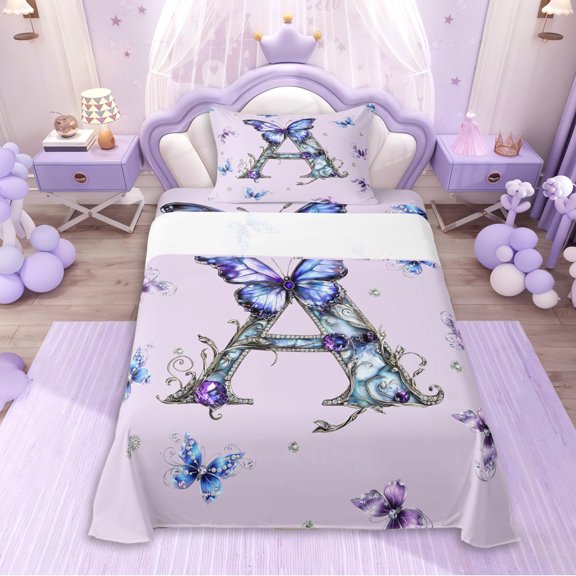 Erosebridal Personalized Initial A Twin Sheet Sets 3pcs For Girls,Purple Blue Butterflies Bedding For Kids Teens,Microfiber Bedroom Decor