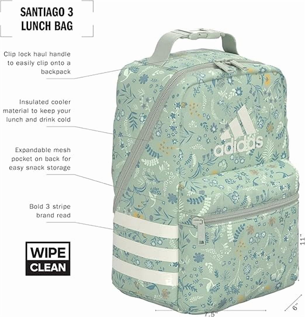 adidas Santiago 3 Lunch Bag, Floral Green Print, Insulated, Compact Zip Lunch Tote