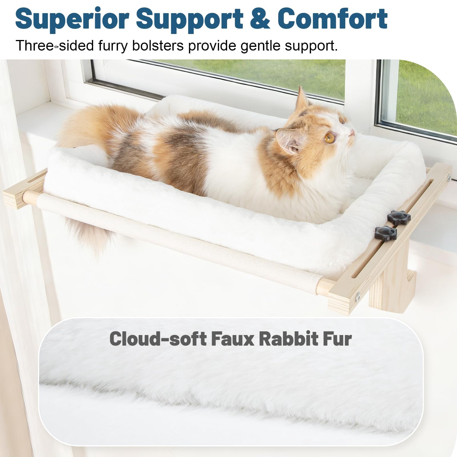Cat Sill Window Perch - Pine Frame  Soft Rabbit Cushion Tool-free Adjustment Supports 50 Lbs (large-white)