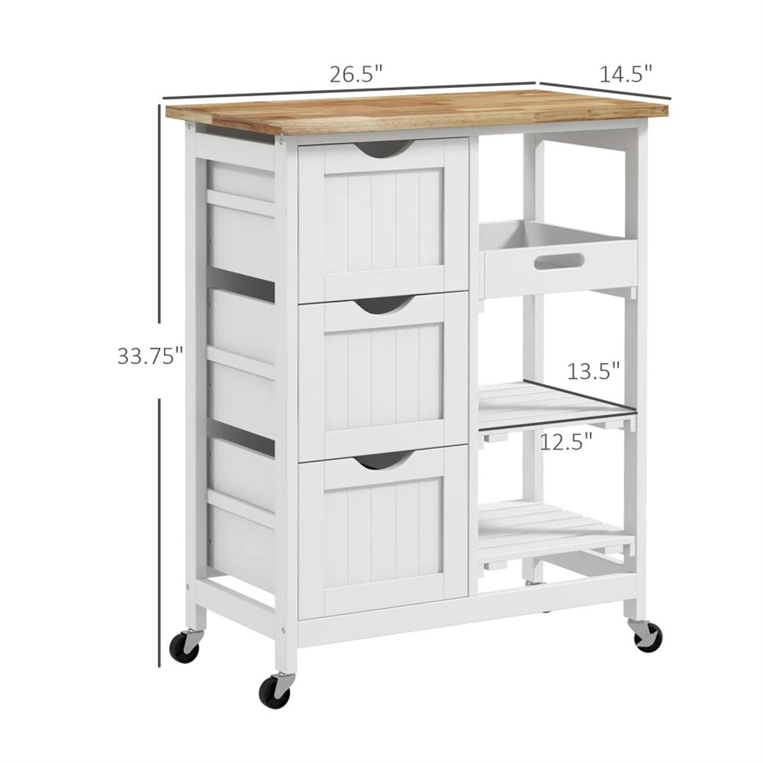 Demi Bonn 33" Kitchen Island Cart on Wheels with Shelves, Rolling Dining Room Serving Utility Carts Mobile Movable with Wood Top and Drawer, White