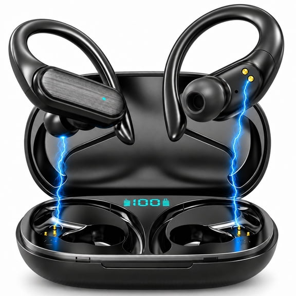 Bloydek Bluetooth Earbuds Wireless Headphones with Ear Hook, IPX5 Sweatproof Sports Earbuds, LED Display Charging Case, Built-in Mic for Gym Running Workout Black