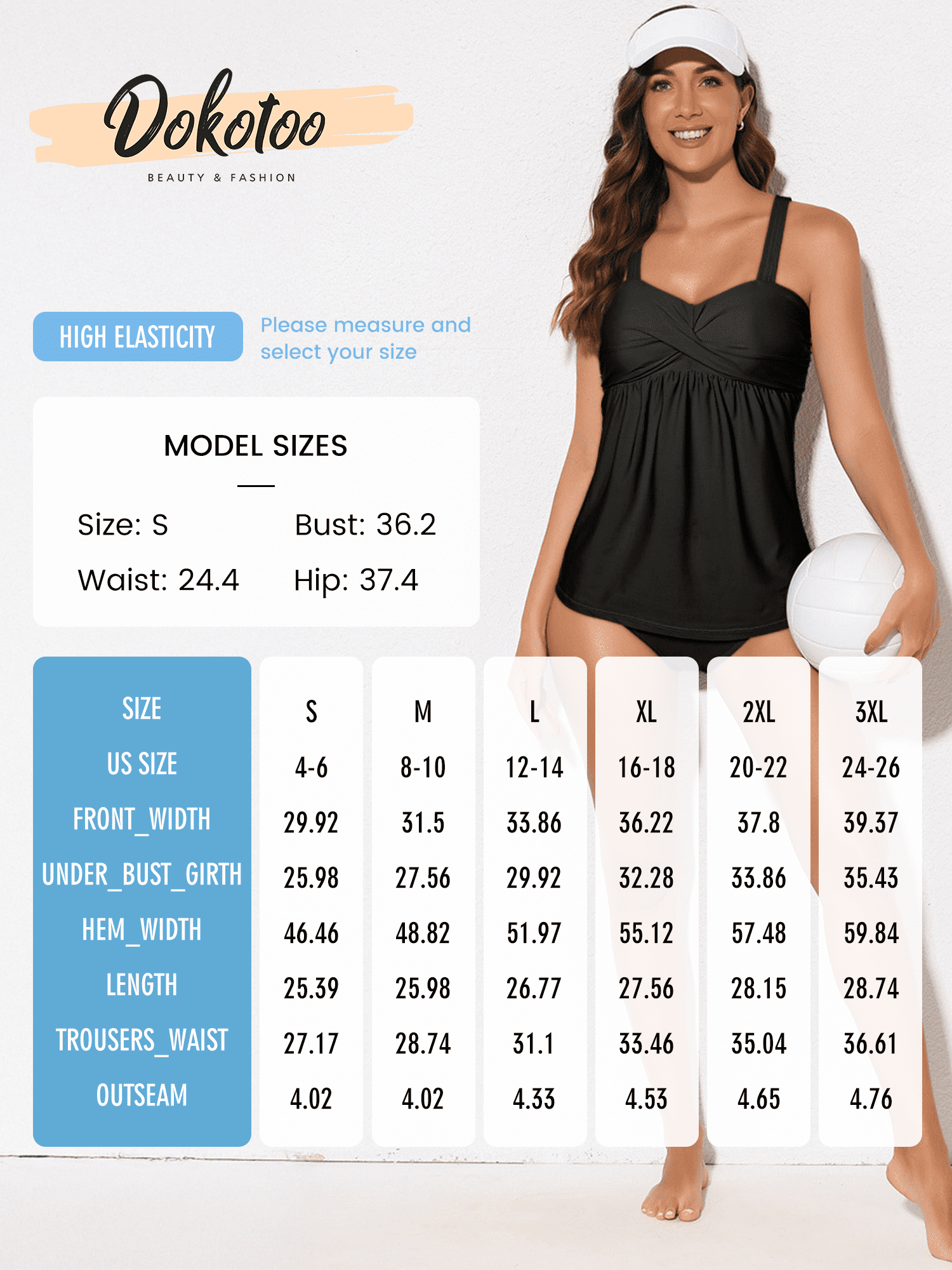 DOKOTOO Women Sexy Ruched Padded Tankini Set Fashion Solid Color Padded Swim Top and Bottoms Bathing Suit Black XL 16-18