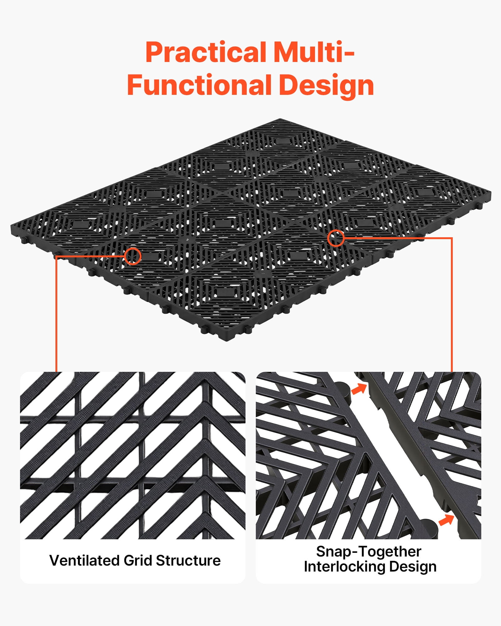 VEVOR Plastic Pallets, 6 Pcs Plastic Pallets for Basement Storage, Nestable Lightweight Waterproof Storage Pad with Breathable Grid for Indoor Outdoor Supermarket Warehouse, 23.6"x11.8"x1.2", Black
