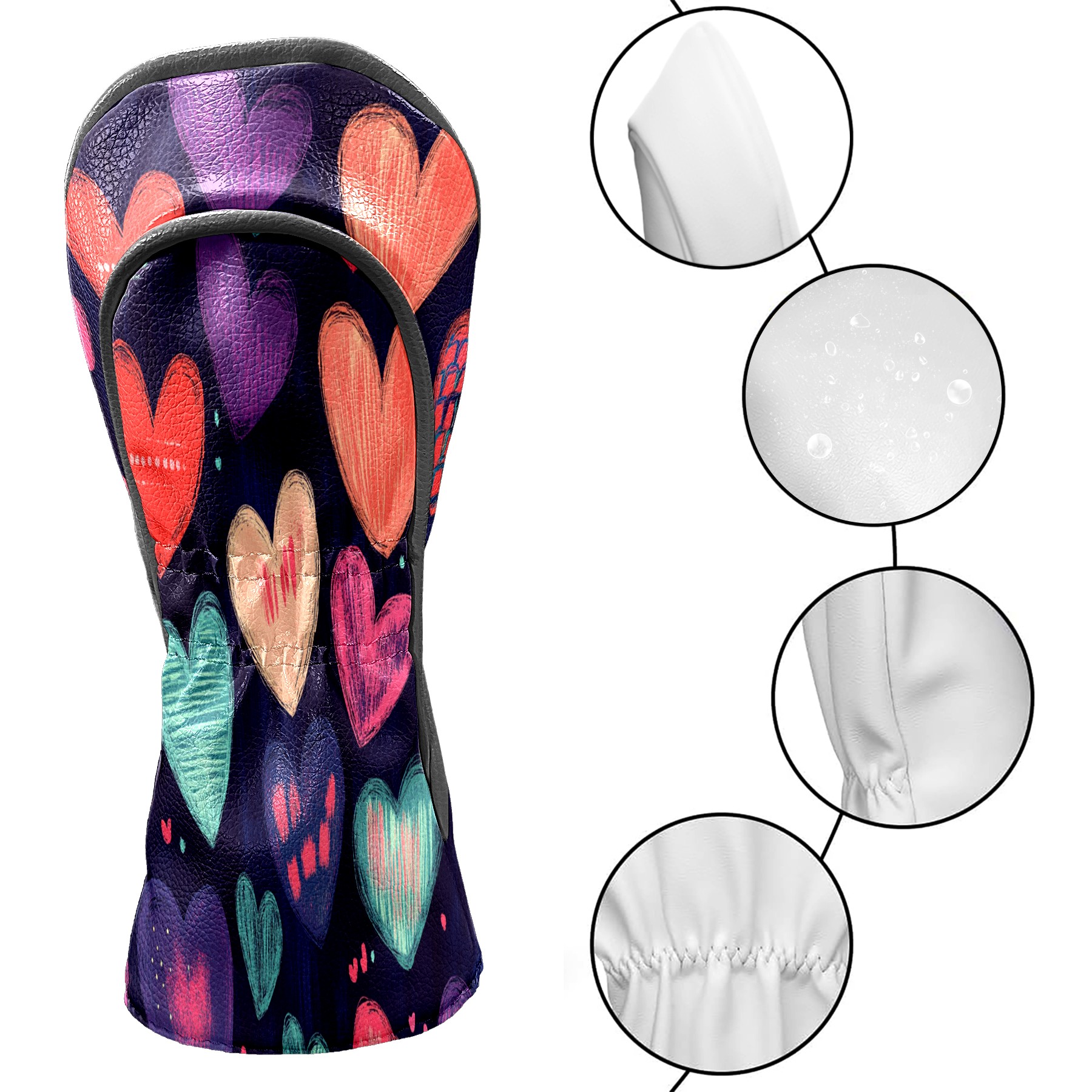 Golf Club Covers PU Leather Waterproof Head Covers for Fairway Woods Hybrids Graffiti Heart Pattern