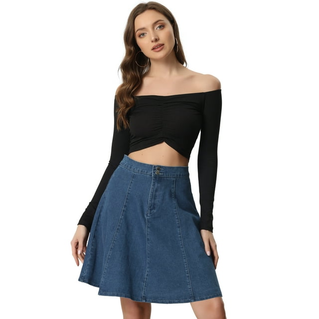 Falda de Mezclilla midi casual Plisada Acampanada Allegra K para Mujer Azul Oscuro M