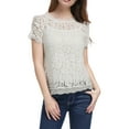 thumbnail image 5 of MODA NOVA Junior's Scalloped Trim Short Shirred Sleeves Sheer Floral Lace Blouse White L, 5 of 7