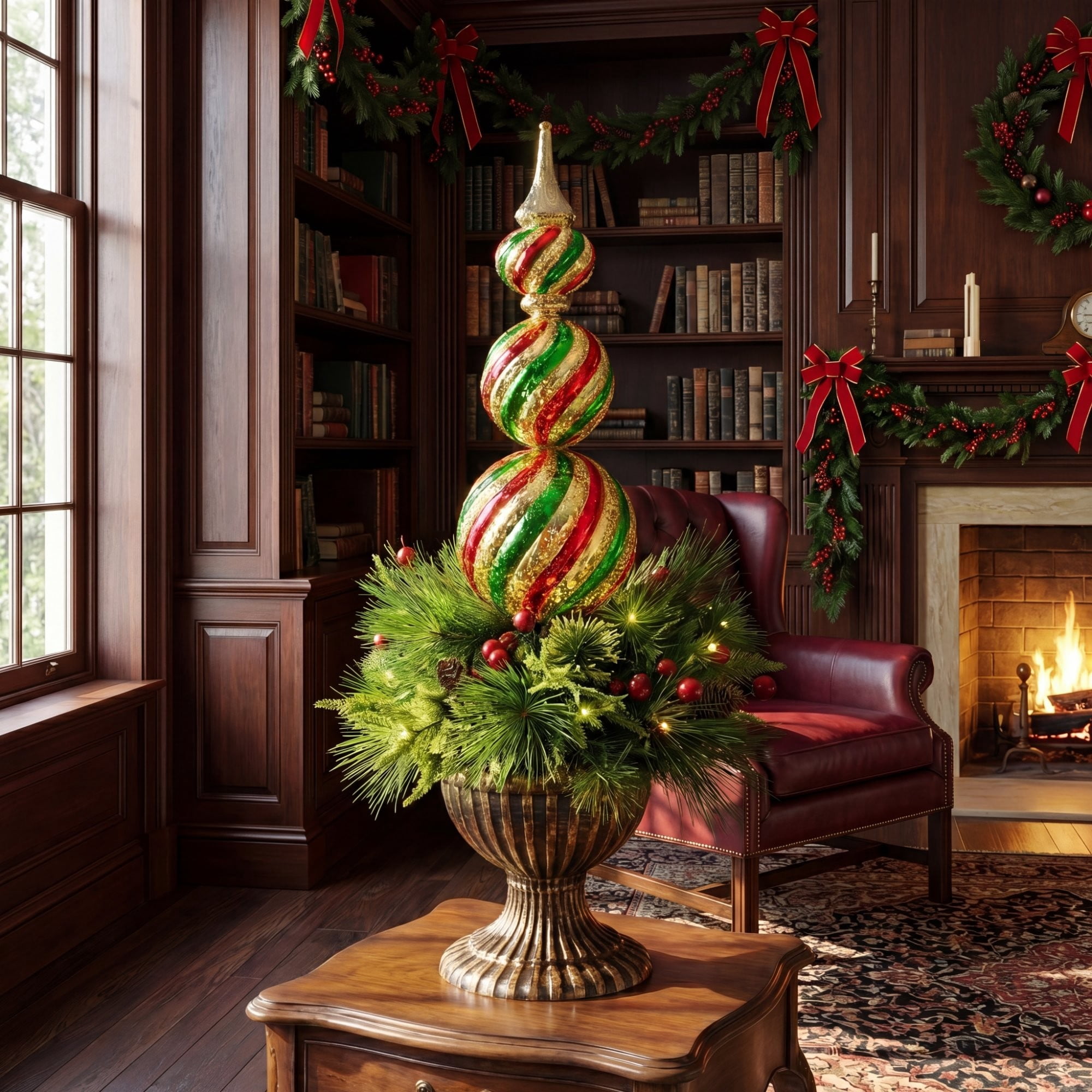 3ft. Pre-Lit Artificial Christmas Finial Ornament and Mixed Pine Topiary Tree with Berries & Pinecones and 70 LED Lights in Decorative Urn