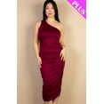 thumbnail image 4 of Plus Size Solid Color Midi Bodycon Dress with Ruched Detail and One Shoulder, 4 of 9