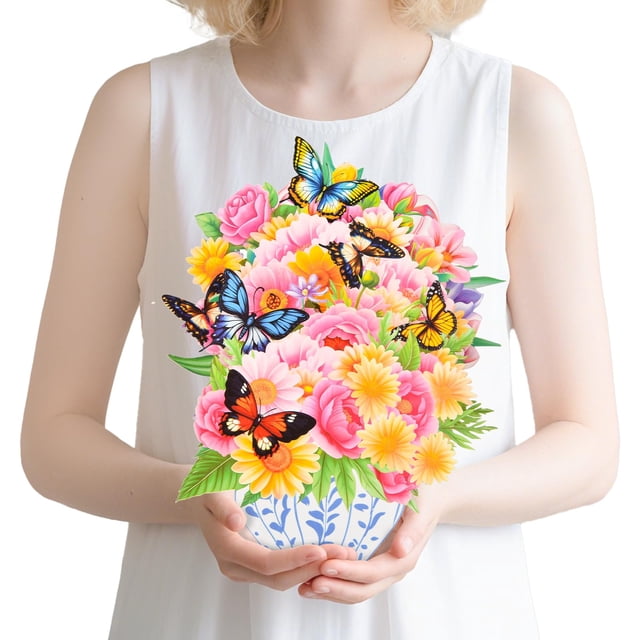Tarjeta de felicitación con ramo de flores desplegable en 3D con jarrón de porcelana