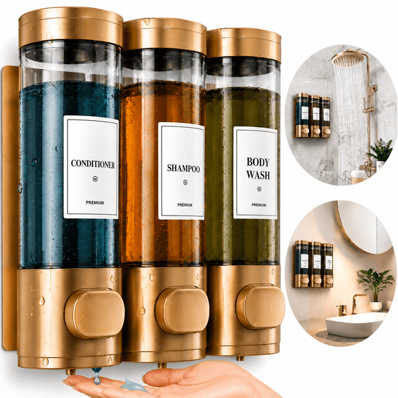 Shampoo and Conditioner Dispenser,Refillabe Shower Soap Dispensers 3 Chamber No Drill Shampoo Dispenser for Shower Wall Mounted 3 * 300ml Container for Bathroom Hotel (Gold 3 Chamber)