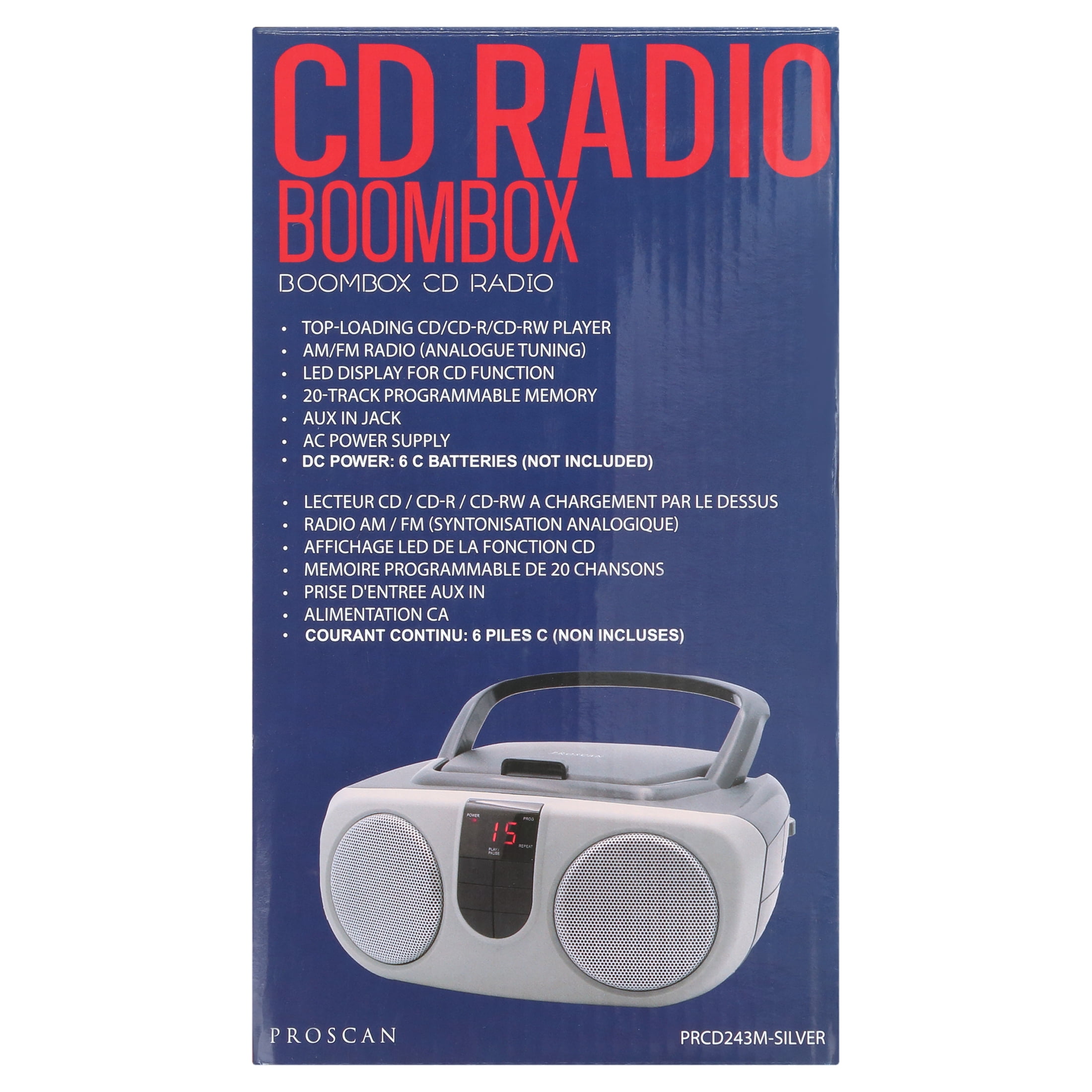 Proscan CD Radio Boombox with Top-Loading CD/CD-R Playback, Silver, PRCD243M