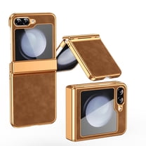 Dteck for Galaxy Z Flip 5 5G Plating PC Case,Shockproof Slim Anti-Slip Luxury Leather Cover with Hinge Protection Case for Samsung Galaxy Z Flip 5,Brown