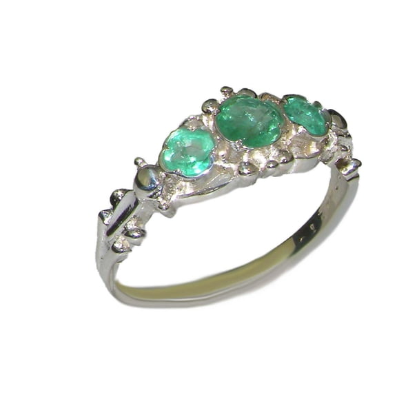 LBG British Made 10k White Gold Natural Emerald Womens Trilogy Ring - 33 size options - Sizes 4 to 12 Available